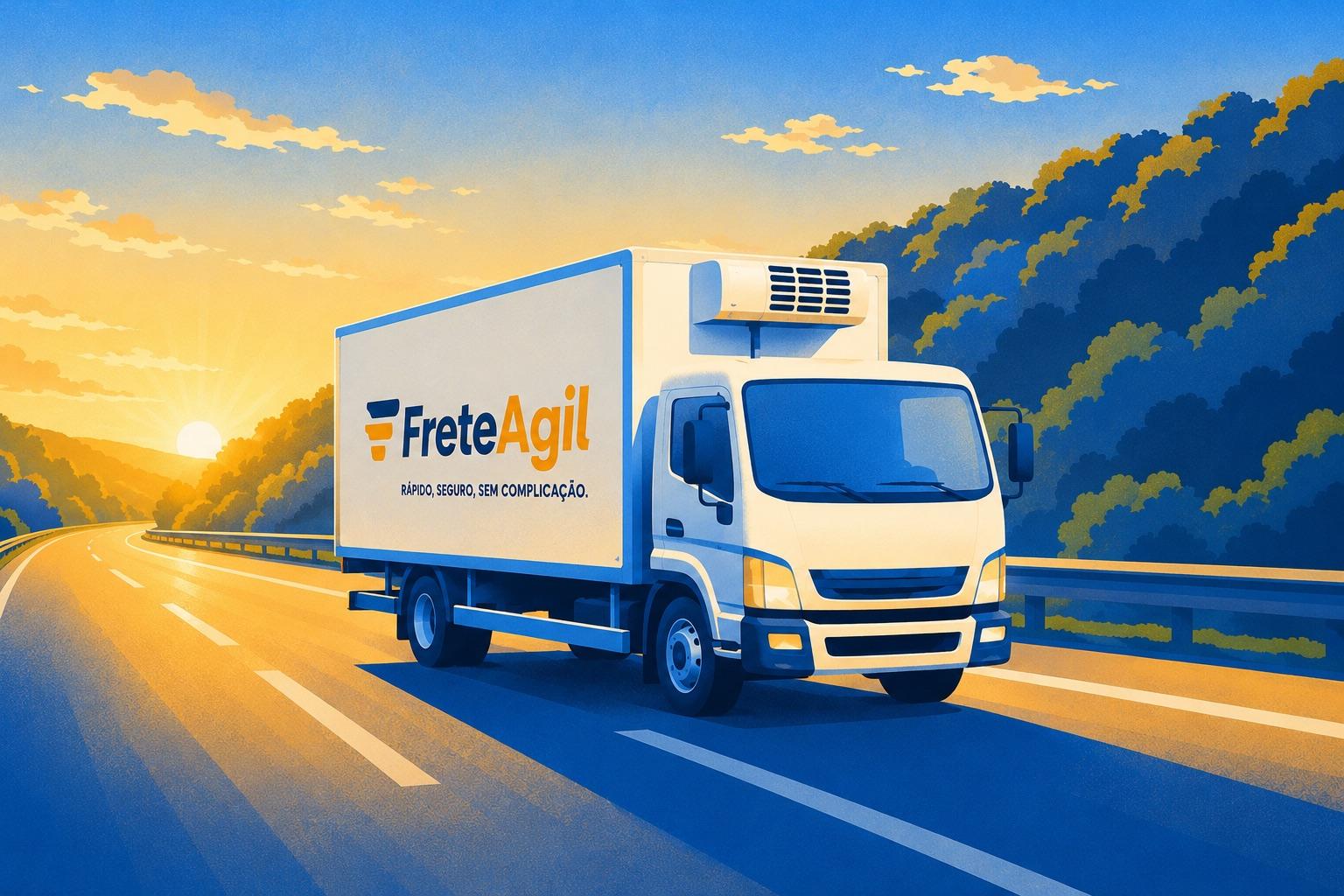 Caminhão da FreteAgil em uma rodovia ao amanhecer